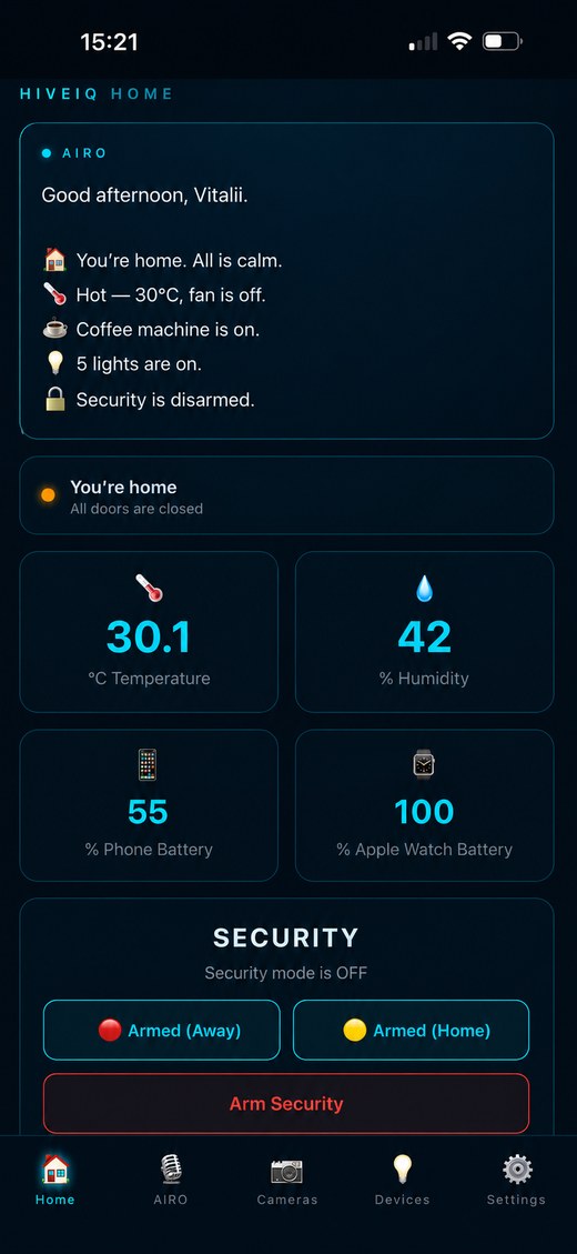 AIRO Home — live home status